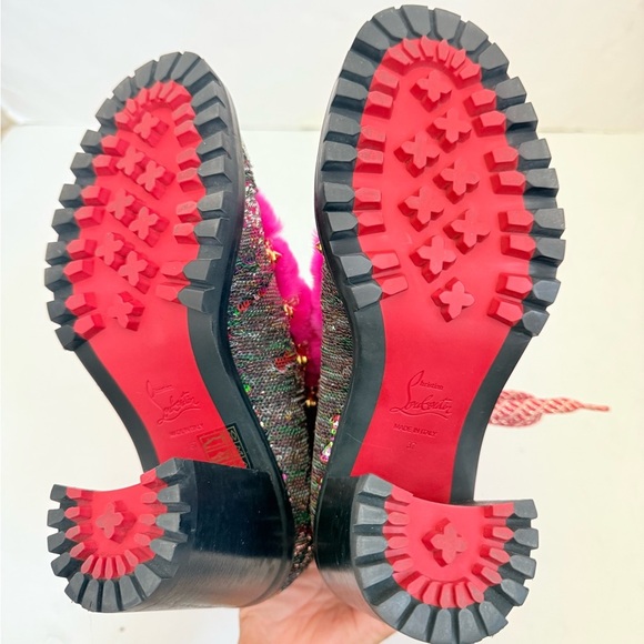 Christian Louboutin Paillettes Fanny 70 Pink Rabbit Fur Heel Combat Boots EU 37 - Picture 9 of 12